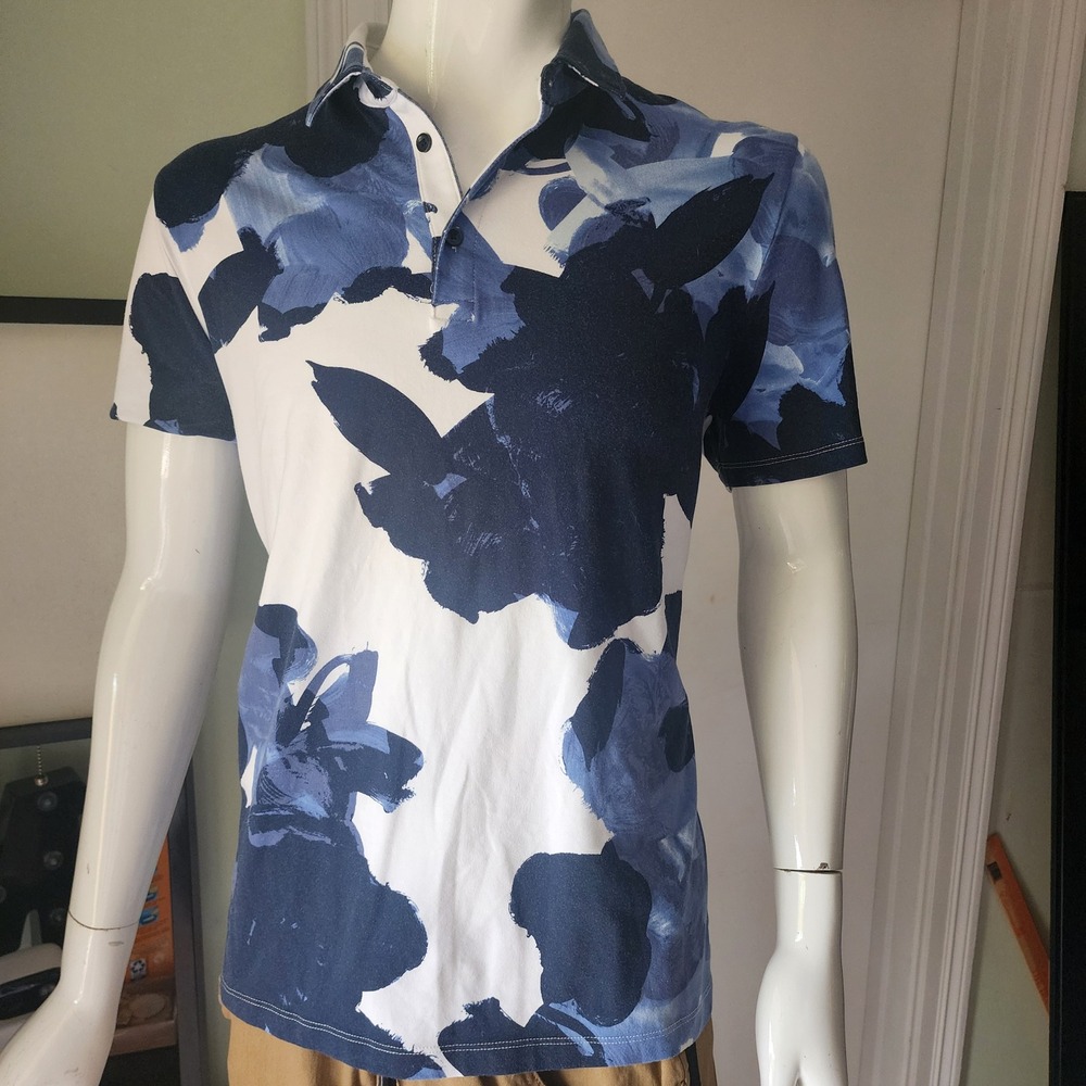 Mens Express Abstract Floral Print Short Sleeve Polo Shirt Blue White Modern